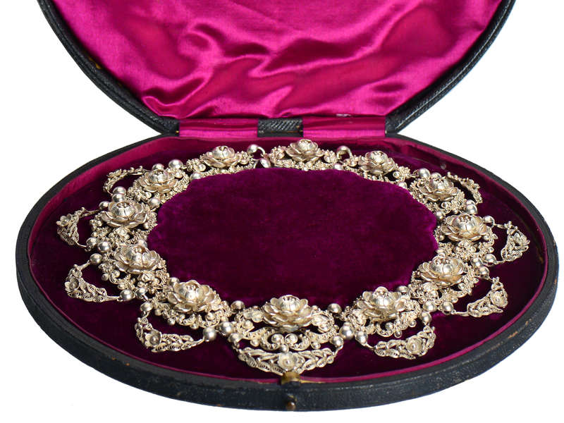 Victorian Floral Silver Necklace in Antique Box