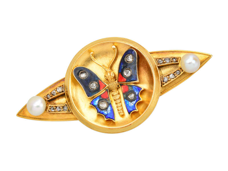 Antique Enamel Diamond Pearl Butterfly Brooch