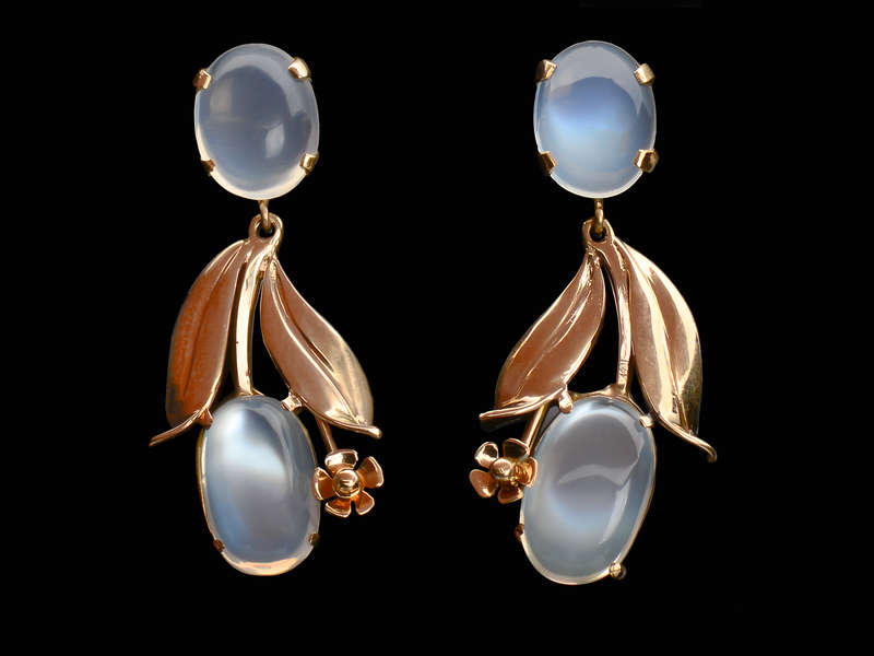 Blue Moonstone Dangle Earrings in Gold