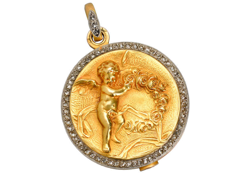 French 18k Gold Diamond Cherub Locket of 1913