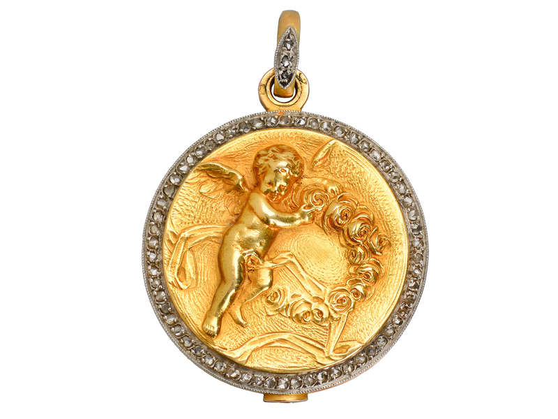 French 18k Gold Diamond Cherub Locket of 1913