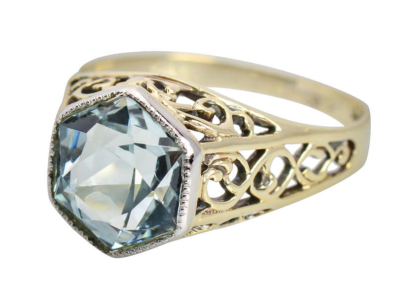 Art Deco Filigree Two Color Aquamarine Ring