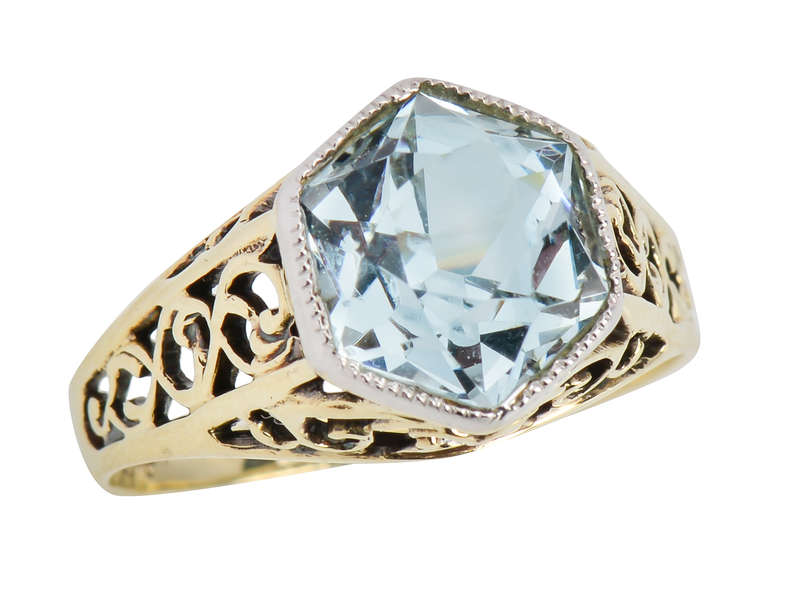 Art Deco Filigree Two Color Aquamarine Ring