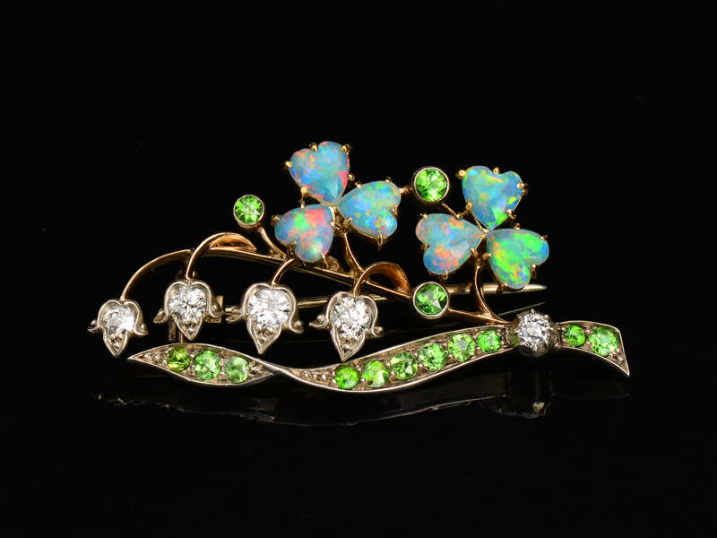 Opal Demantoid Clover & Lily of the Valley Brooch