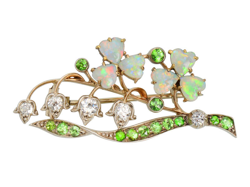 Opal Demantoid Clover & Lily of the Valley Brooch