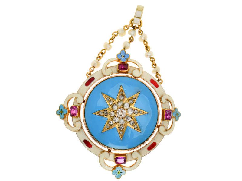 Renaissance Revival Enamel Ruby Diamond Star Pendant