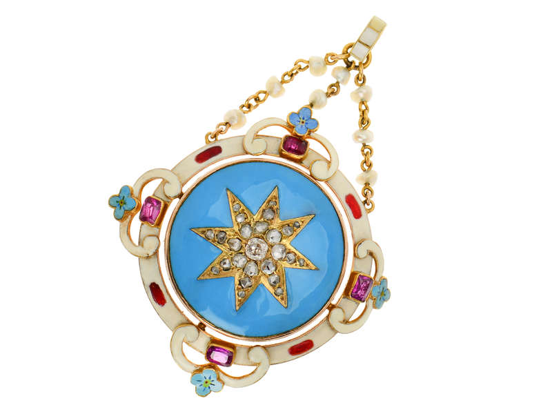 Renaissance Revival Enamel Ruby Diamond Star Pendant