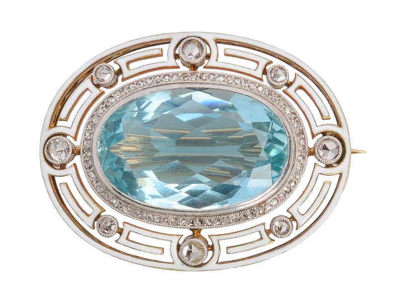 Antique Aquamarine & Enamel Diamond Brooch