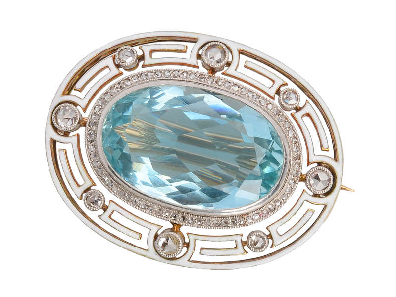 Antique Aquamarine & Enamel Diamond Brooch