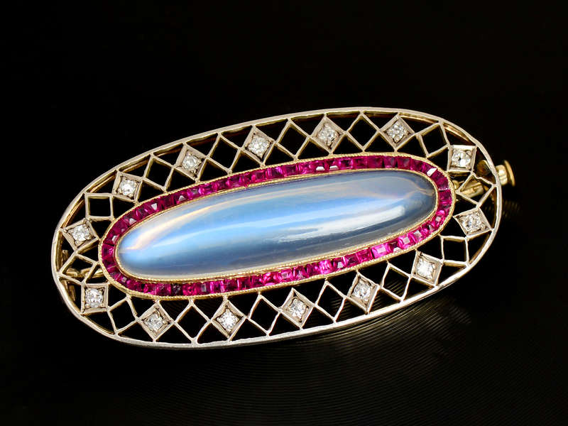 Edwardian Moonstone Ruby Diamond Brooch