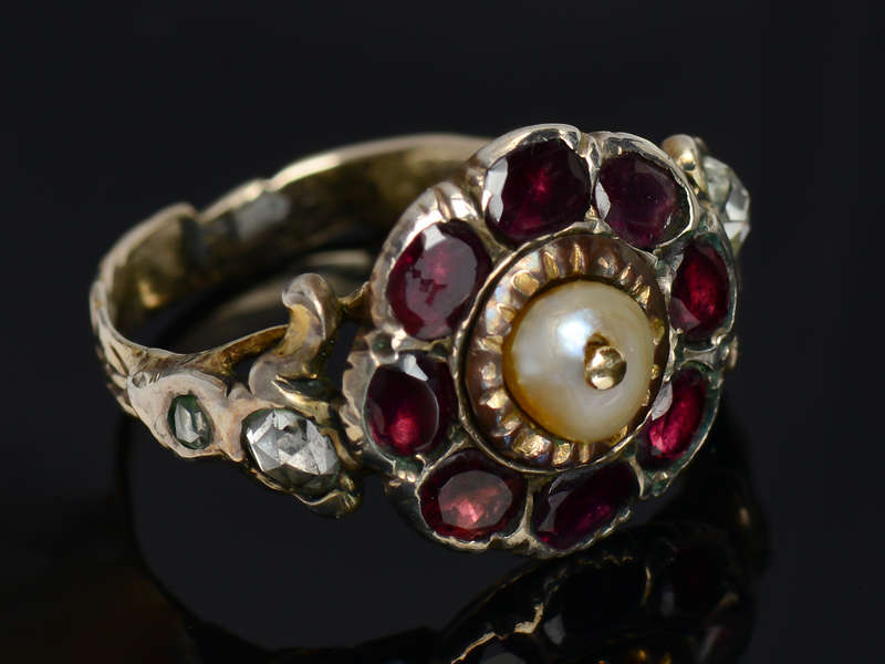 Georgian Garnet Diamond & Natural Pearl Ring