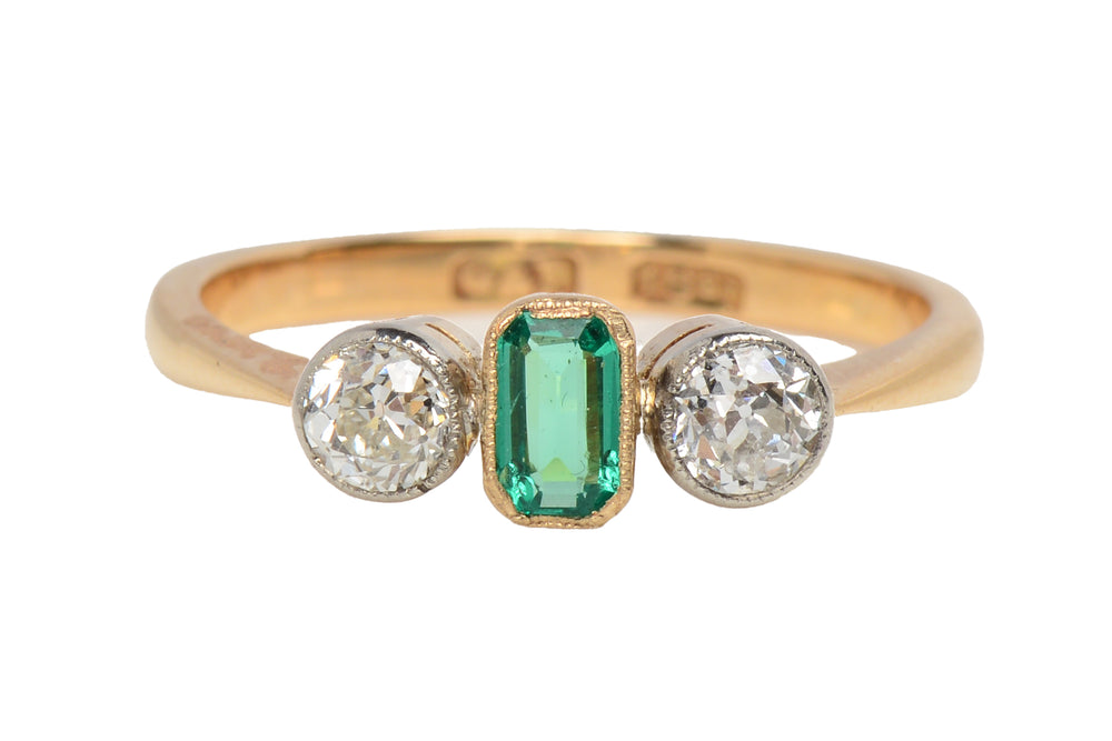 Art Deco Bezel Set Emerald Diamond Engagement Ring