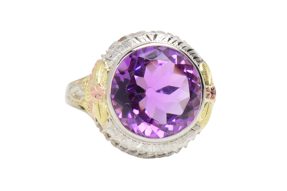 Antique Three Color Gold Amethyst Filigree Ring