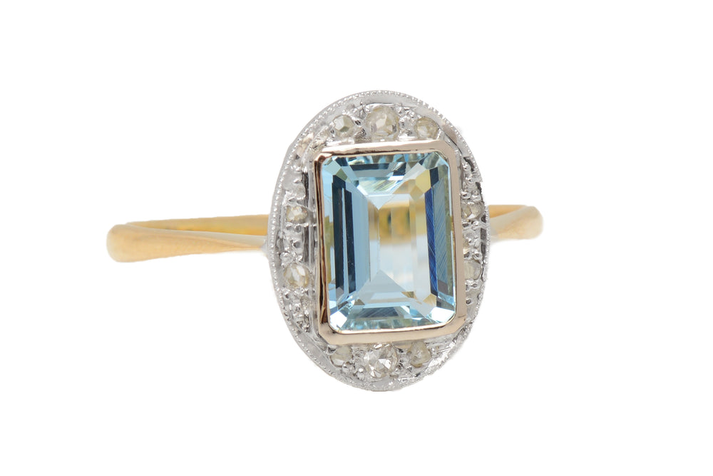 French Aquamarine Rose Cut Diamond Ring